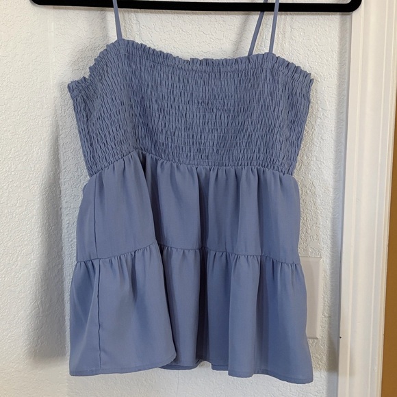 Paper Crane Tops - Paper Crane Light Blue Smocked Tiered Spaghetti-Strap Dress